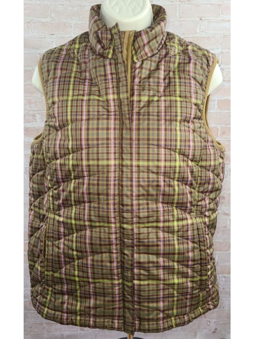 Lands' End Plaid Full Zip Lightweight Puffer Vest Zip Pockets Women's S (6-8)